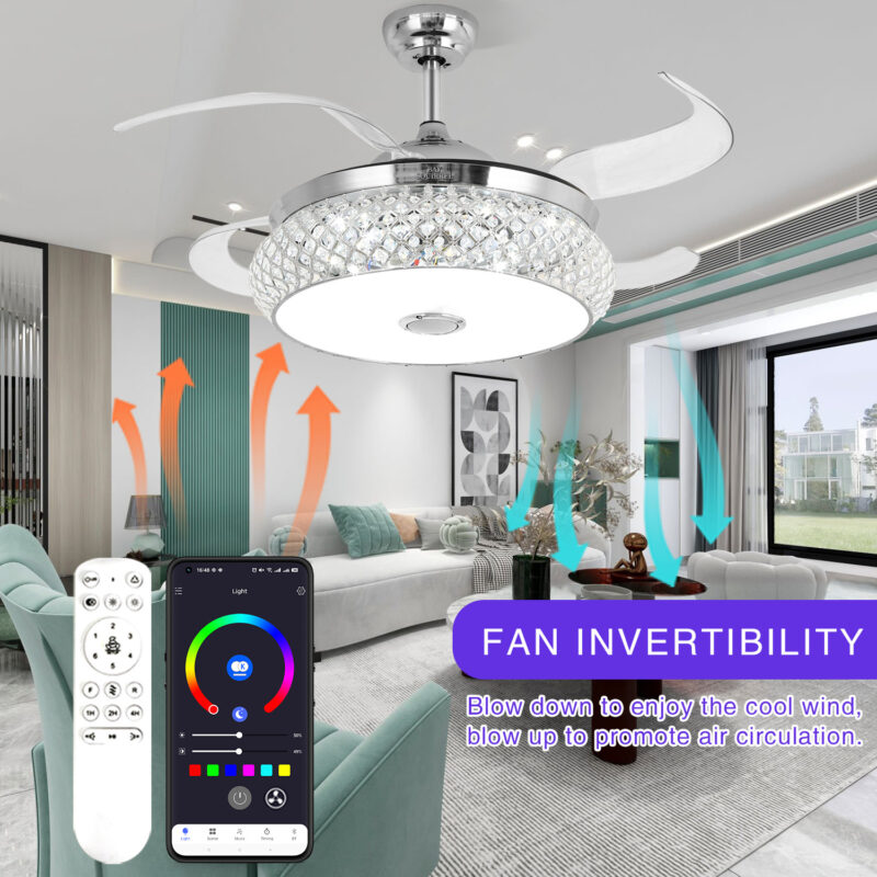 Chrome Color Retractable Bluetooth Ceiling Fan with Speaker ...