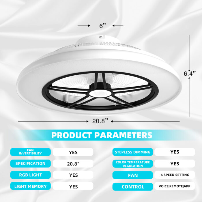 BAYSQUIRREL Wifi Low Profile Ceiling Fan with Light,Bluetooth Speaker Ceiling Fan 20In Smart Bladeless Ceiling Fans with Alexa/Google Assistant/App Control,6 Speed Dimmable LED-RGB Lights - Image 6