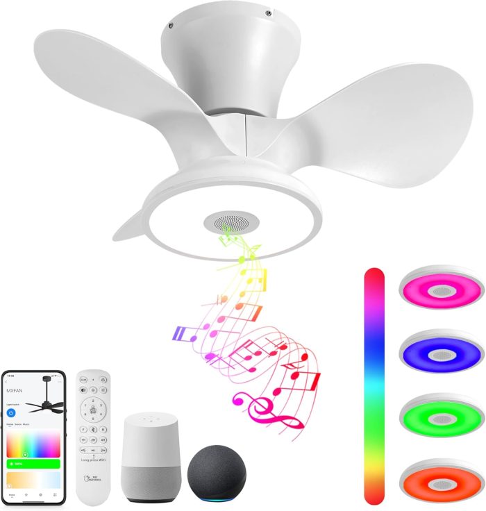 Smart Wifi Flush Mount Ceiling Fan With Lights,Bluetooth Ceiling Fan with Speaker and Remote/APP/Alexa Control,Dimmable RGB Light