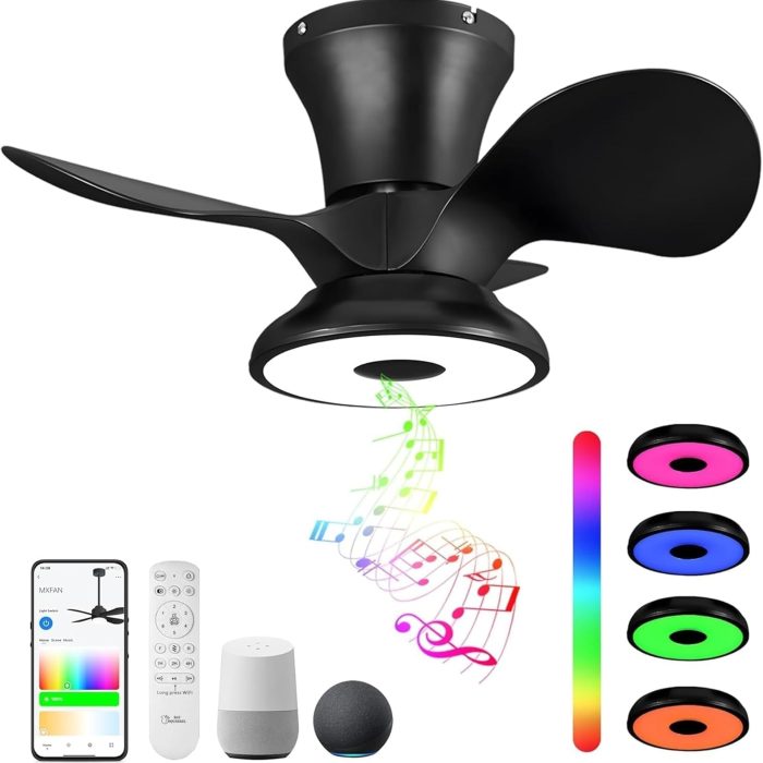 Smart Wifi Flush Mount Ceiling Fan With Lights,Bluetooth Ceiling Fan with Speaker and Remote/APP/Alexa Control,Dimmable RGB Light