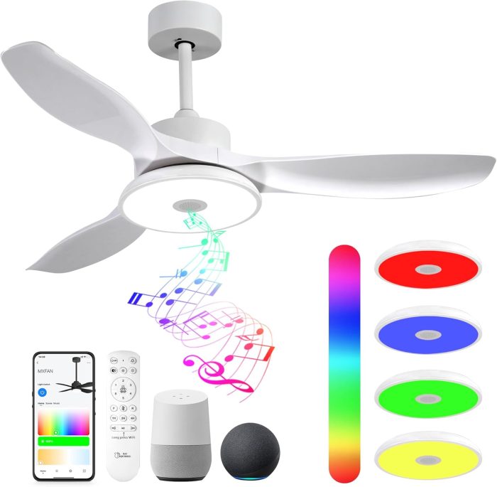 Smart Wifi Flush Mount Ceiling Fan With Lights,Bluetooth Ceiling Fan with Speaker and Remote/APP/Alexa Control,Dimmable RGB Light