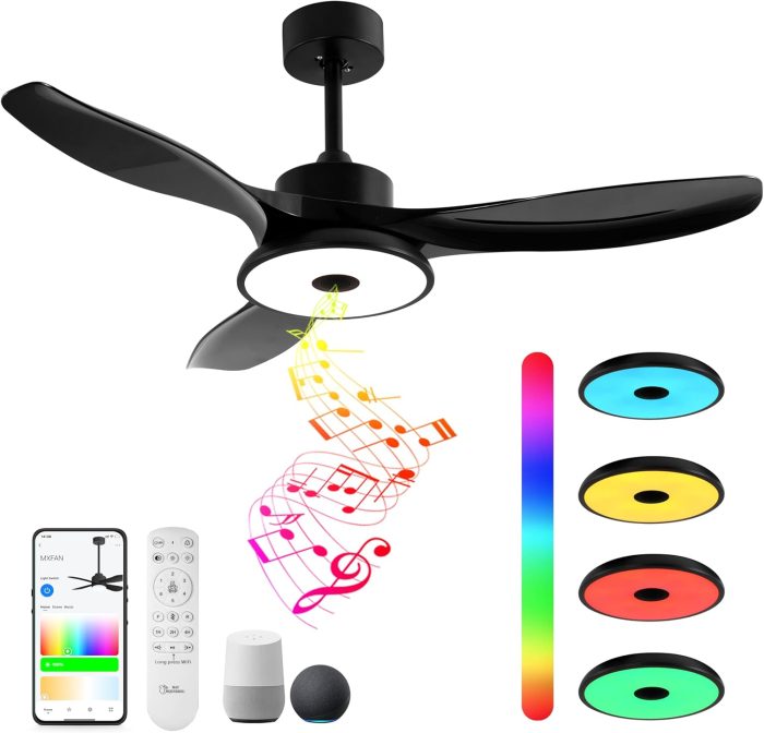 Smart Wifi Flush Mount Ceiling Fan With Lights,Bluetooth Ceiling Fan with Speaker and Remote/APP/Alexa Control,Dimmable RGB Light