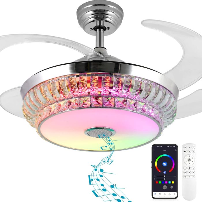 42 Inch Retractable Ceiling Fan with Lights, Bluetooth Ceiling Fan with Speaker and Remote/APP Control