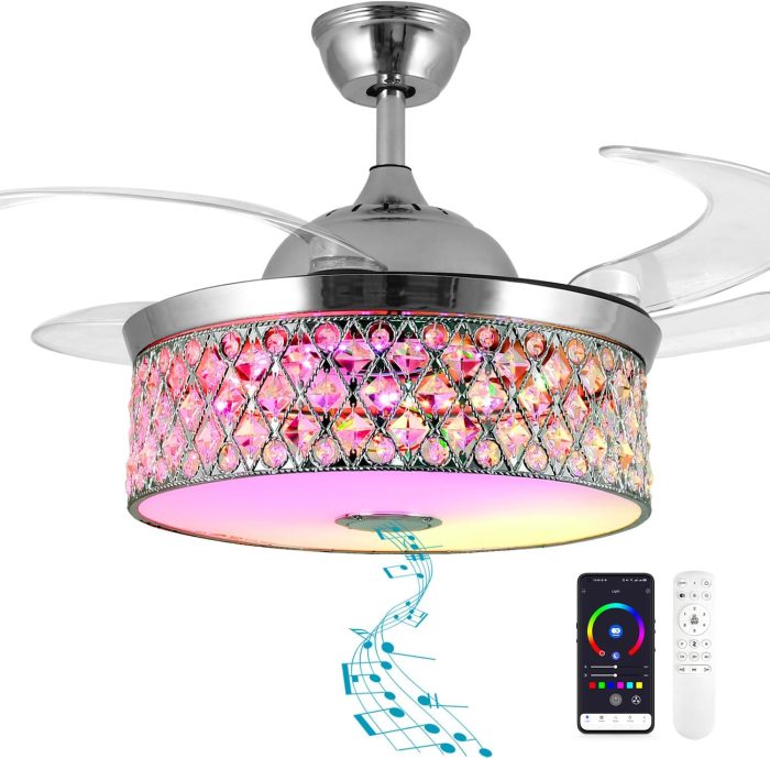 42 Inch Retractable Crystal Ceiling Fan with Lights and Remote, Bluetooth Ceiling Fan with Speaker