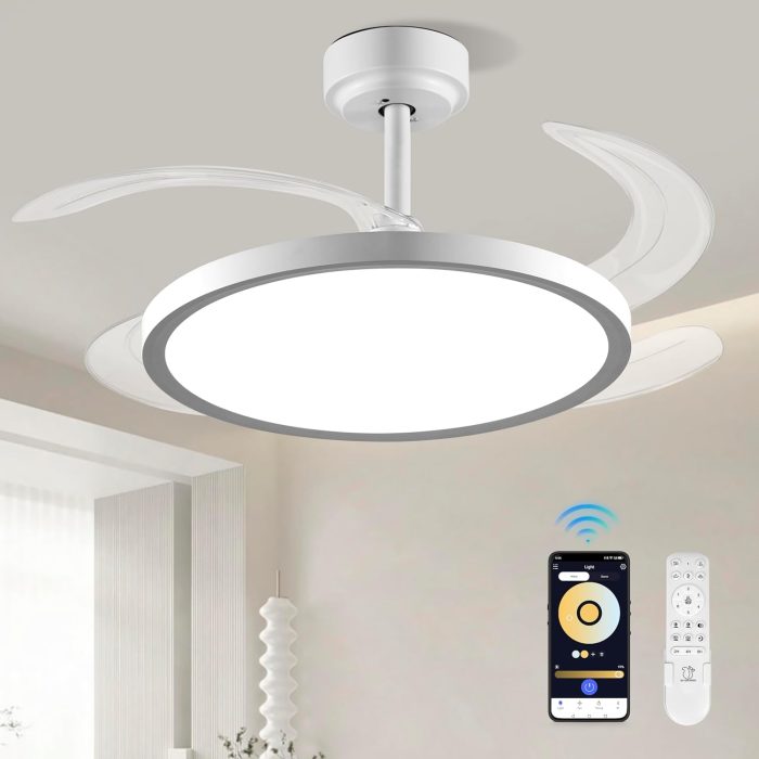 42 inch Slim Retractable Ceiling Fan with Lights and Remote/APP Control,6 Speed Dimmable Reversible Memory Ceiling Fan