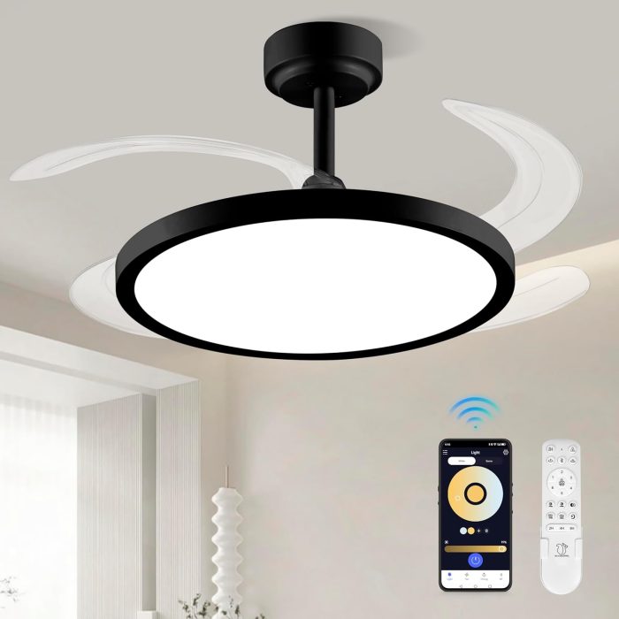 42 inch Slim Retractable Ceiling Fan with Lights and Remote/APP Control,6 Speed Dimmable Reversible Memory Ceiling Fan