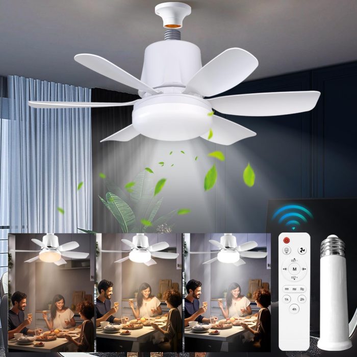 Socket Fan Light Ceiling Fans with Lights and Remote, Dimmable Led Light Bulb, 3 Colors 3000K-6500K, Screw in Small Ceiling Fan for Bedroom Living Room Kitchen Garage Indoor-E26/E27 Base