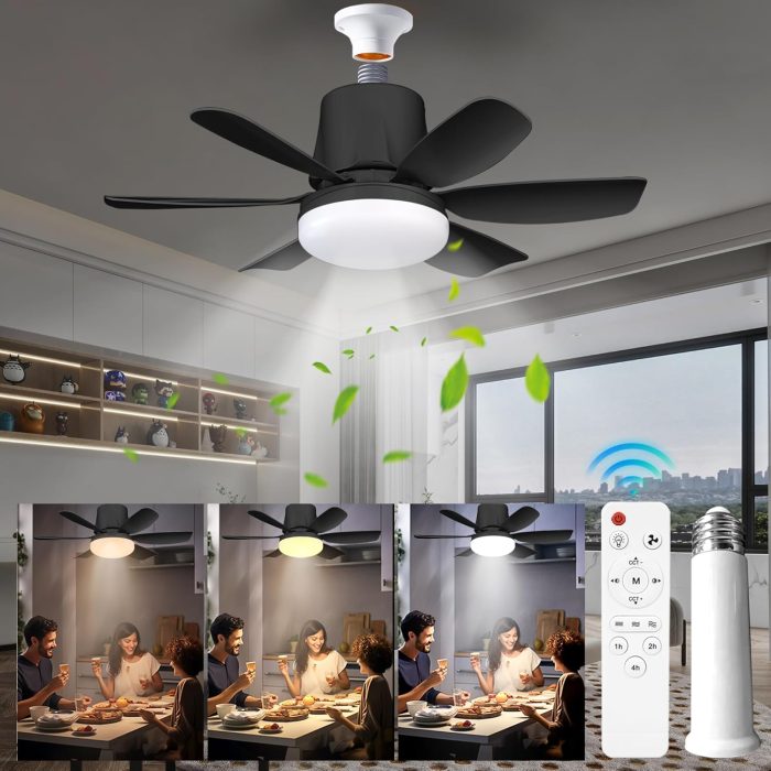 Socket Fan Light Ceiling Fans with Lights and Remote, Dimmable Led Light Bulb, 3 Colors 3000K-6500K, Screw in Small Ceiling Fan for Bedroom Living Room Kitchen Garage Indoor-E26/E27 Base