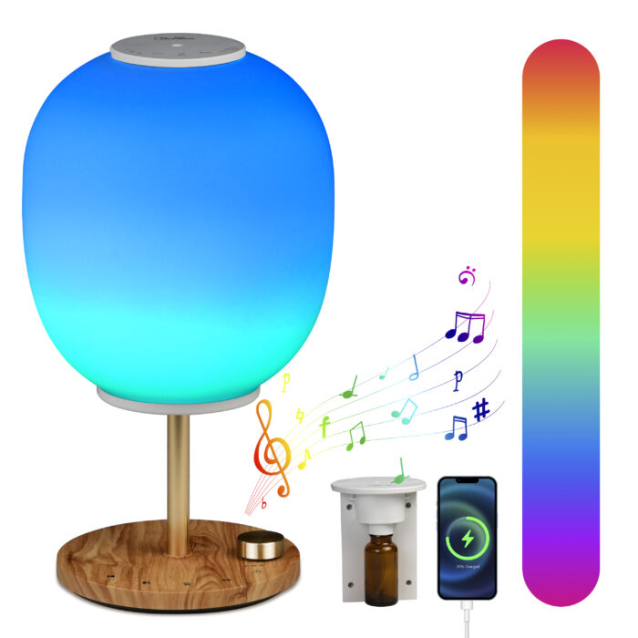 Aromatherapy Diffusers Lamp with Essential Oil,Colorful lights and sleep-aiding white noise,Aroma Light with Stereo Bluetooth Speaker,Glass cover with woodgrain chassis for Sleep,Insomnia,Relaxation